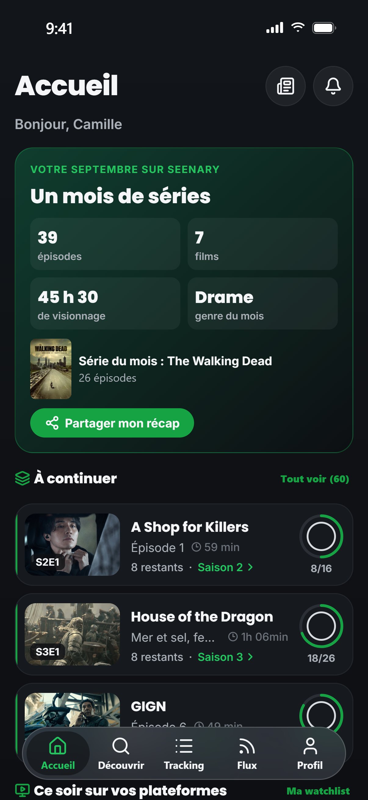 Écran d’accueil de Seenary avec le récap du mois et les séries à continuer